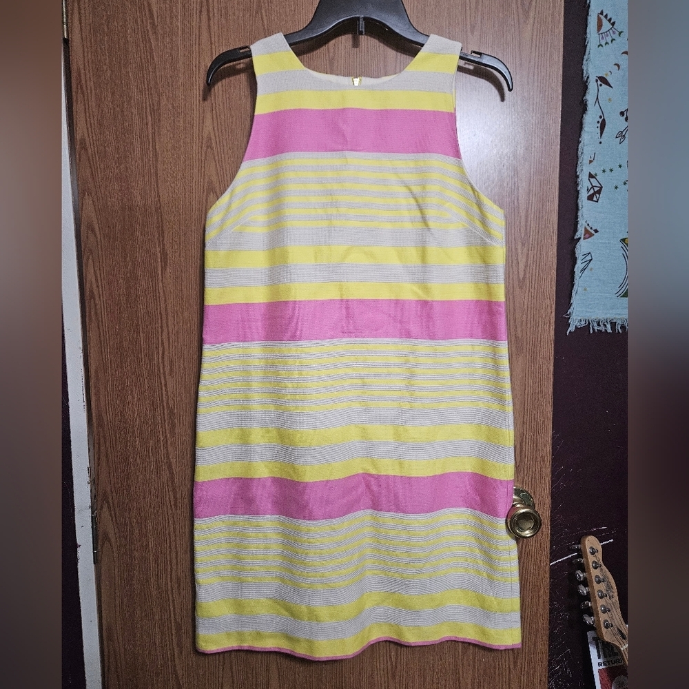 Ann Taylor LOFT  women's Yellow Pink Corded Striped Shift Dress Sz 6 Sleeveless!